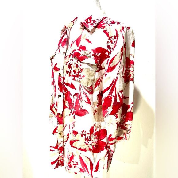 JM Collection linen shirt floral crouse Beach resort holiday festive red Women12 - Picture 4 of 8